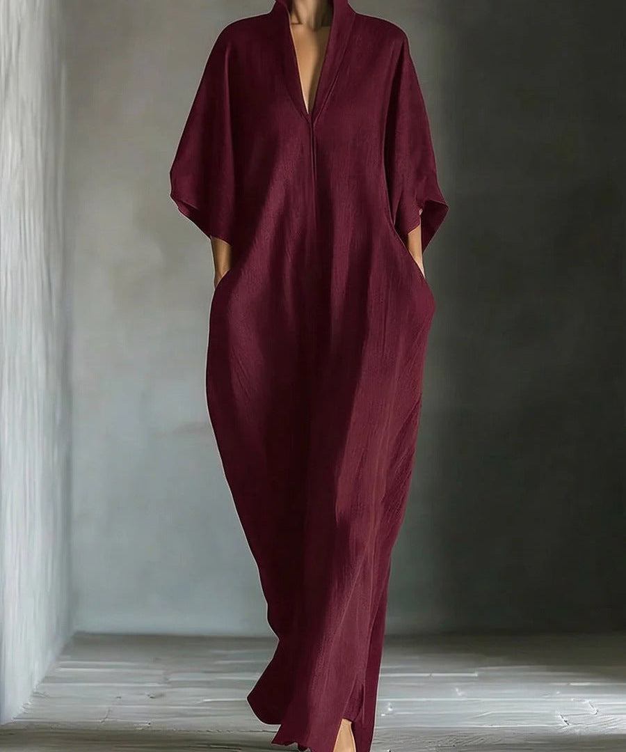Alina - Vestido longo com mangas 3/4 e decote em V
