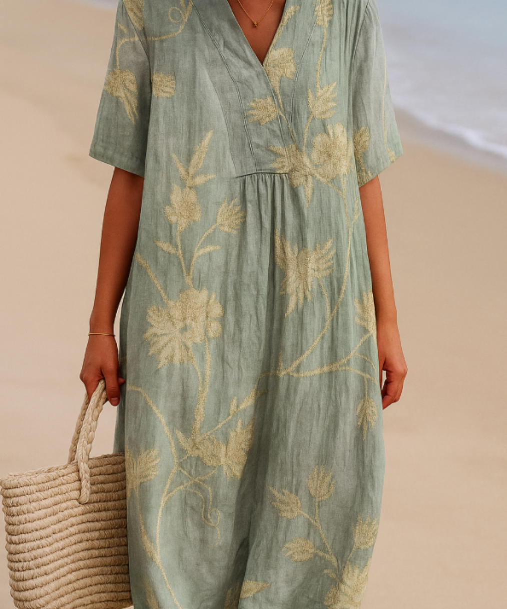 Clementina - Vestido Azul-Cinza com Bordado Floral