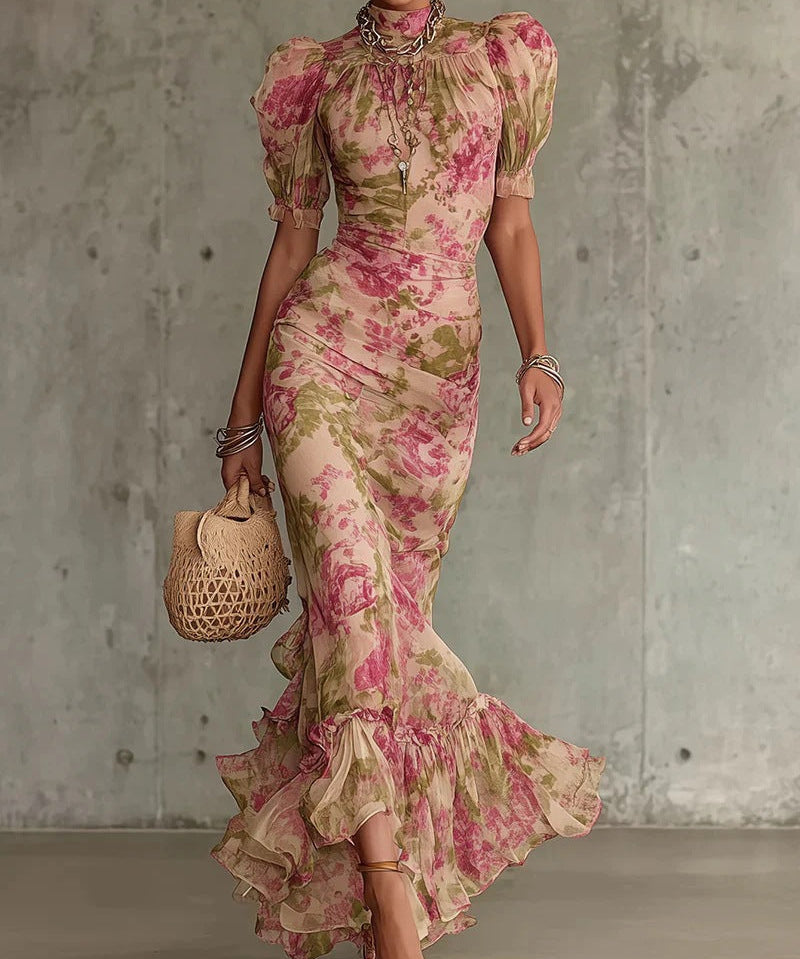 Lara - Vestido longo ajustado com padrão floral