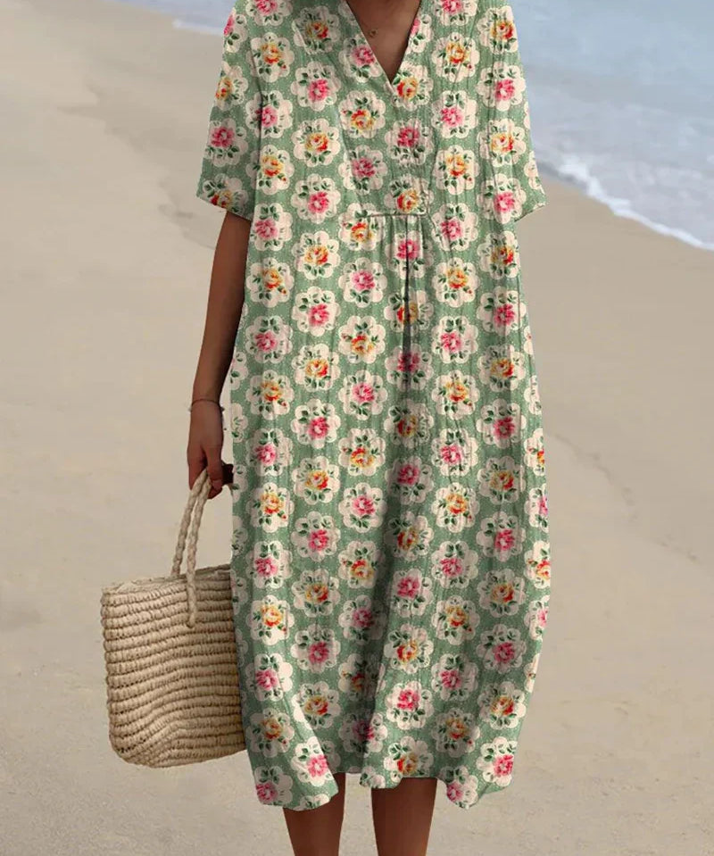 Eulállia - Vestido Floral Retro em Verde Água